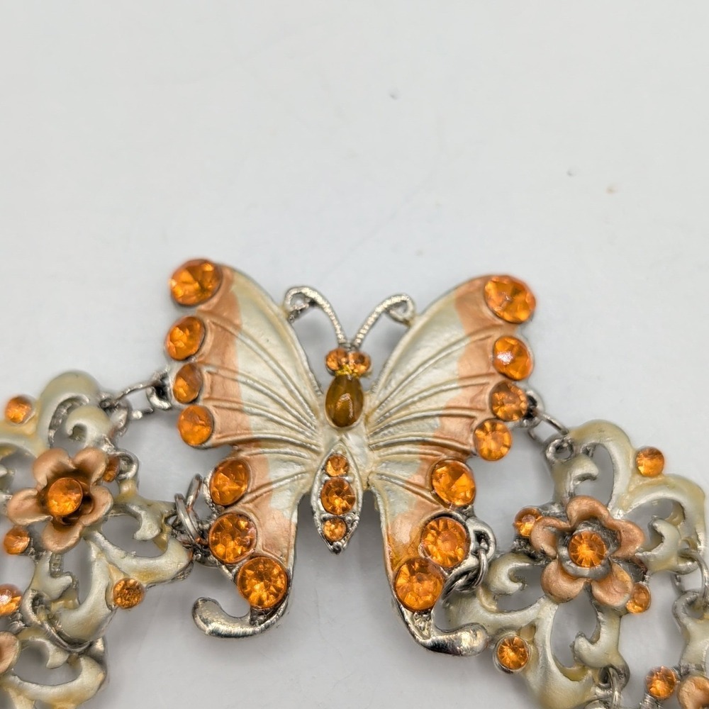 Gold And Silver Tone Enamel Butterfly Floral Link Bracelet Orange Rhinestone - Picture 7 of 16